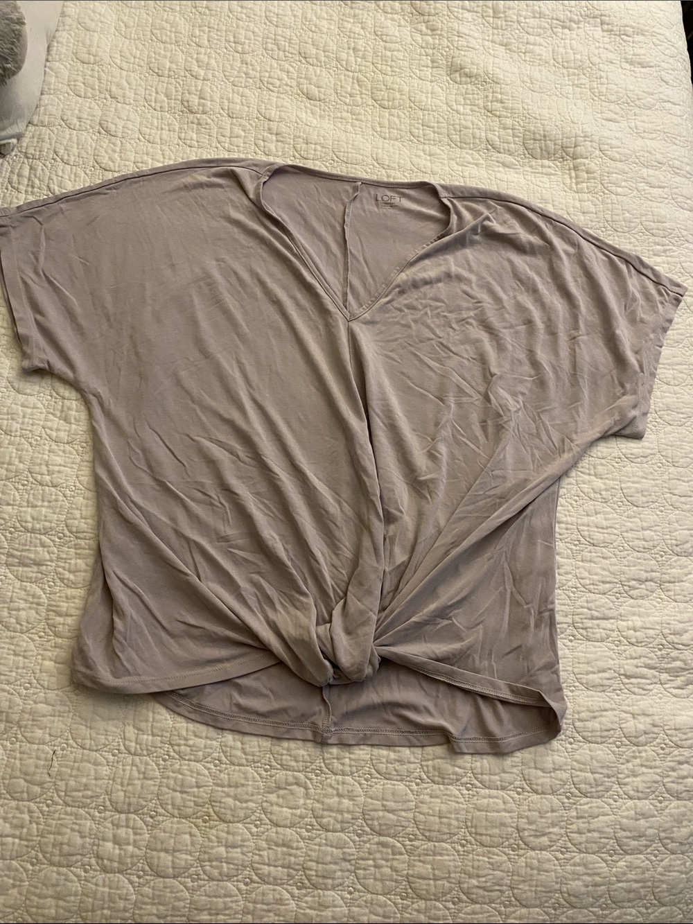 LOFT Mauve Taupe V-Neck Knot Front Short Sleeve Top